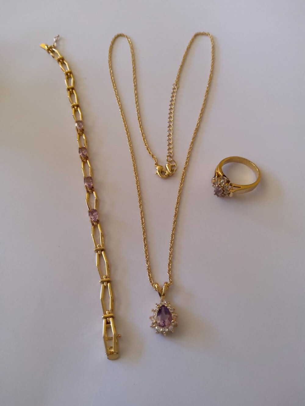 Gold-Tone Amethyst Teardrop Necklace and Ring Set